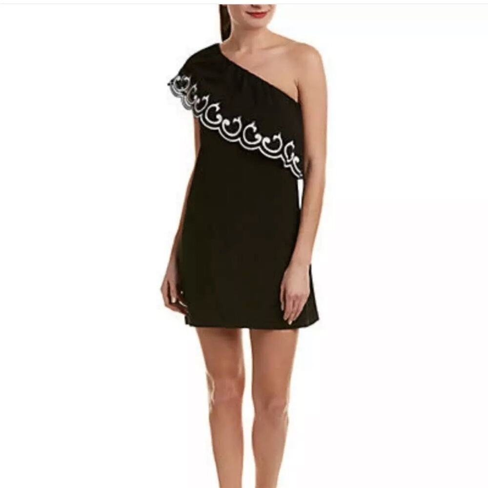 Ramy brook one shoulder ruffle black white embroidered darla shift dress sz L